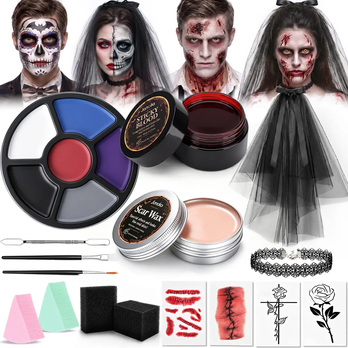 Professional Halloween SFX Makeup Kit - All-in-1 Spooky Look Set: Bride, Killer Clown, Zombie Master Kit with Fake Blood, Scar Wax & Liquid Latex