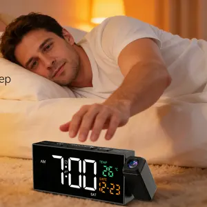 Projection Clock for Bedroom Ceiling, Alarm Clocks with 180° Rotatable Projector, Date Temperature and Weekday, Manual DST, 5 Brightness Levels, 10 Ringtones, 4 Volume Levels and Snooze (Black)