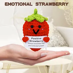 Handmade Crochet Strawberry Doll, Fabric Emotional Support Gift with Inspirational Card, Cute Knitted Desk Decor for Festive Occasions