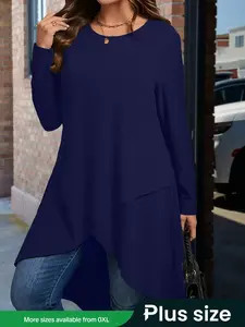 【Plus Size】 Solid High Low Asymmetrical Wrap Hem Tee Top, Casual Long Sleeve Round Neck Fitted T-shirt for Spring & Fall, Women's Clothing for Daily Wear, Stretchy Womenswear Fabric, Lady