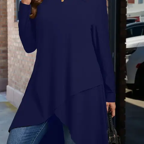 【Plus Size】 Solid High Low Asymmetrical Wrap Hem Tee Top, Casual Plain Top, Casual Long Sleeve Round Neck Crewneck Fitted T-shirt for Spring & Fall, Women's Clothing for Daily Wear, Stretchy Womenswear Fabric, Lady