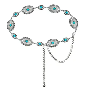 Silver Turquoise Concho Belts for Women Western Metal Cowgirl Boho Chain Belts for Dresses Country Concert Outfit