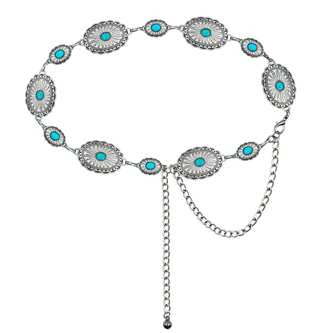 Women's Adjustable 2-Piece Silver Turquoise Concho Western Belts - Cowgirl Stuff, Jewelry for Women, Adjustable Band, Glossy Finish, Luxe Look, Metal Chain Accessory for Dresses, Country Concerts (25.5-39.5 in, 95-160 lbs) Gift Option