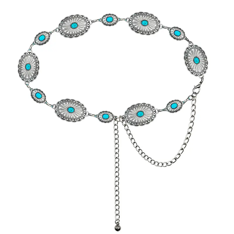 Women's Adjustable 2-Piece Silver Turquoise Concho Western Belts - Cowgirl Stuff, Jewelry for Women, Adjustable Band, Glossy Finish, Luxe Look, Metal Chain Accessory for Dresses, Country Concerts (25.5-39.5 in, 95-160 lbs) Gift Option