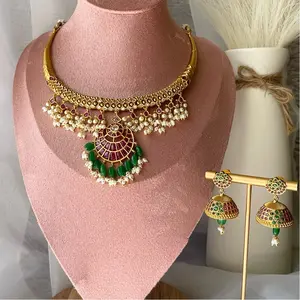 Jadau Gold-plated Classic Cubic Zirconia Stone Set in Ruby & Green necklace South Indian Temple Jewelry