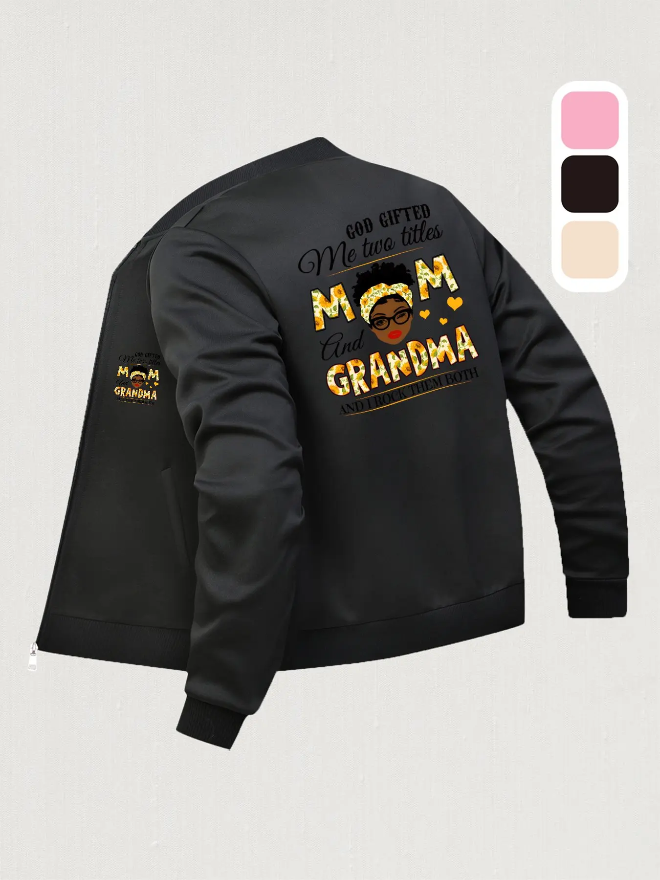 Mom & Grandma Dual Title Printed Baseball Jacket - Perfect for Autumn & Winter, Casual Daily Wear, Fashionable Design