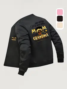 Mom & Grandma Dual Title Printed Baseball Jacket - Perfect for Autumn & Winter, Casual Daily Wear, Fashionable Design