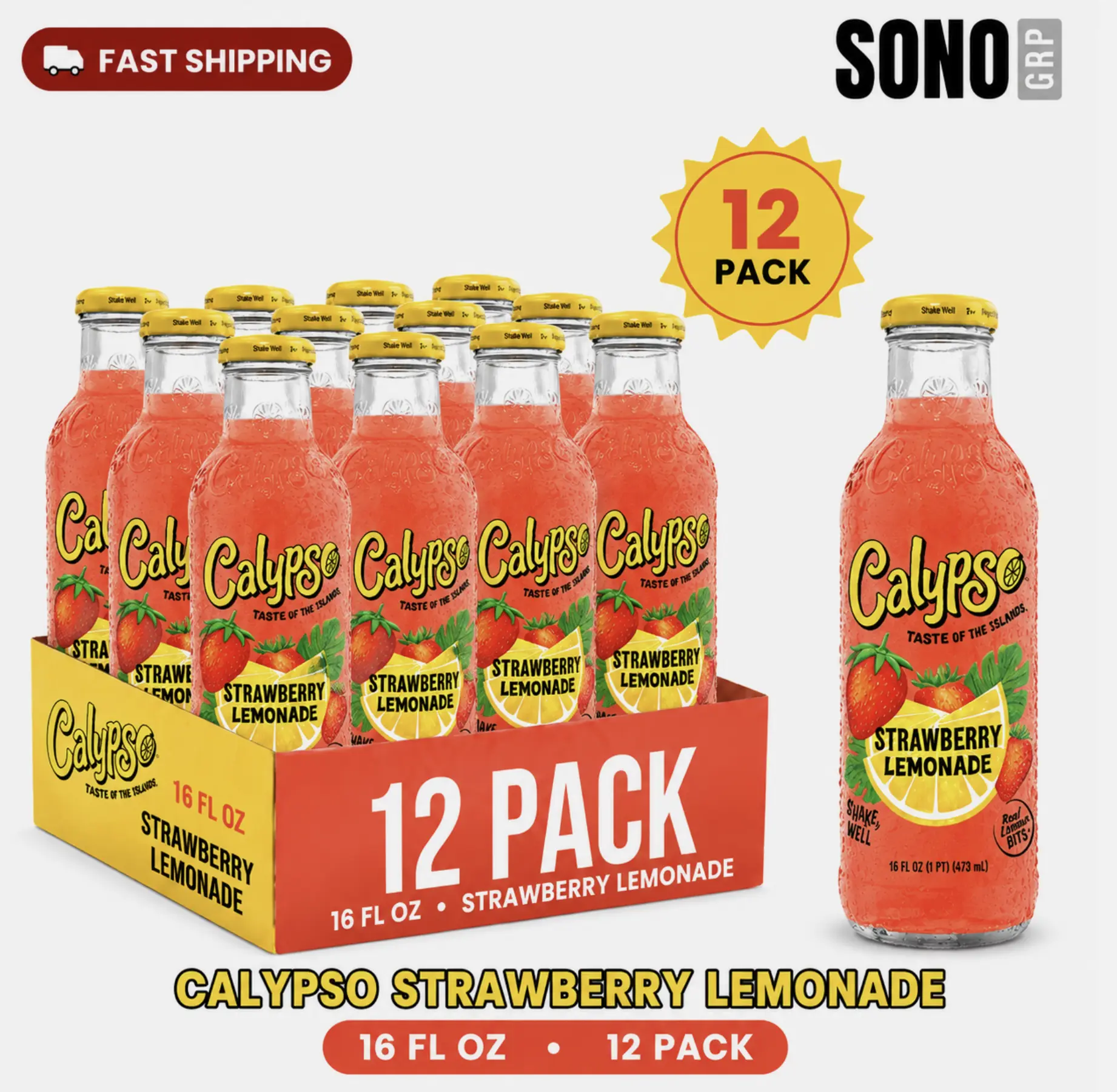 Calypso Lemonade, Made with Real Fruit, 16 Fl Oz Glass Bottles (Pack of 12)