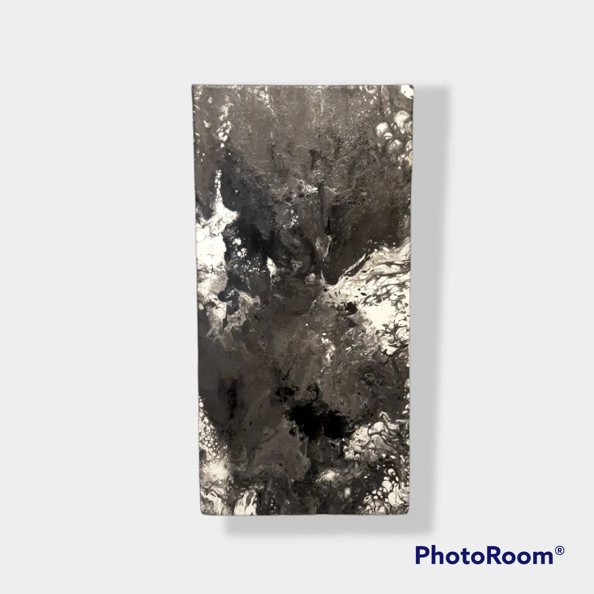 Ink Blot Abstract Acrylic Pour Painting 10x20 in Black White Gray on Stretched Cotton Canvas Panel Gloss Varnish