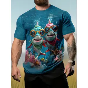Summer Men's 3D Digital Print Playful Shark Diving Style Pattern, Casual Comfortable Versatile Men's Crew Neck T-Shirt, Suitable for Daily and Sports Wear, PLUS SIZE