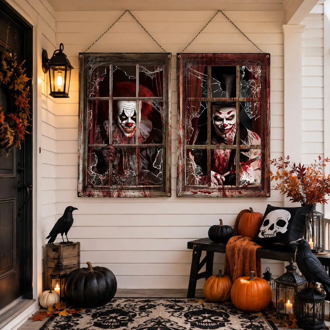 Clown Theme Horror Print Polyester Curtains - Full Coverage Scary Window Covers with Ropes, Party Decorations for Haunted House Doors Porch Garage Backdrop