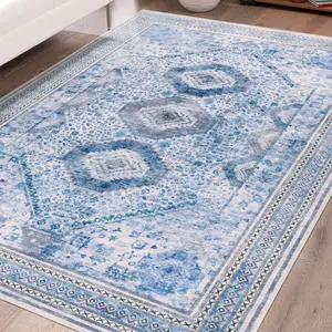 Purplish Blue Vintage Faux Cashmere Printed Area Rug, Machine Washable Low PileSoft Boho Floor Covering Carpet with Non-slip Backing, Floor Mat for Bedroom, Kitchen, Dining Room, Indoor Home Decorative Floormat,4x6,5x8,6x9,8x10 ft rugs living room