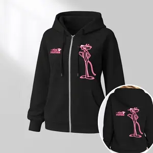 Women's Pink Cartoon Pattern Zip-Up Hooded Jacket, A Casual Outerwear Piece And Long-Sleeved Hoodie, Suitable For Autumn, Winter, And Spring. Perfect For Everyday Casual Wear And Indoor And Outdoor Activities.