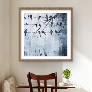212 MAIN Abstract Birds on Electric Wire Wood Framed Hanging Wall Art Print, 24x24 in, Vibrant Blue Feathers, Artistic Bird-Theme Decor, Ideal for Room Decoration & Home Decor Gifting