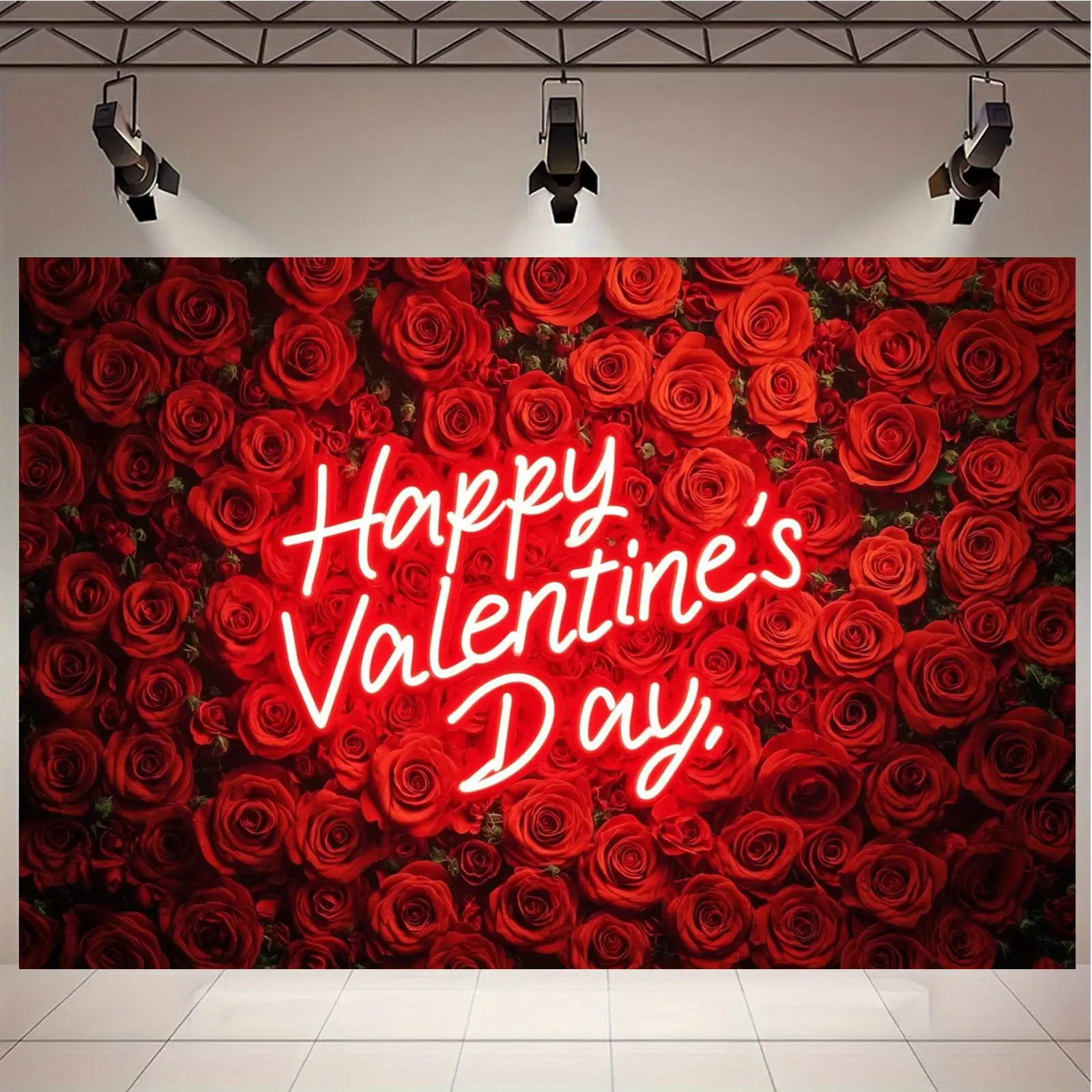 1-Piece Romantic Rose Print Indoor Backdrop Banner - Polyester, "Happy Valentine's Day" Neon Sign, No Power Needed, Ideal for Couple Events, Decorations Supplies, Backdrop Decor
