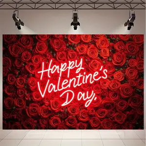 Romantic Rose Print Indoor Backdrop Banner - 1pc Design with "Happy Valentine's Day" Neon Sign, Polyester, No Power Needed, Ideal for Couples, Birthday Events, Decorations Supplies, Banners