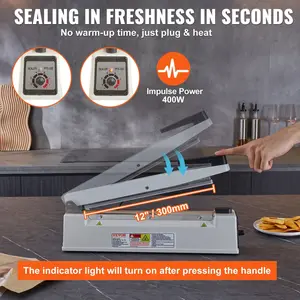 VEVOR Impulse Sealer 12 inch, Manual Heat Sealing Machine with Adjustable Heating Mode, Aluminum Shrink Wrap Bag Sealers for Plastic Mylar PE PP Bags, Portable Poly Bag Sealer with Extra Replace Kit