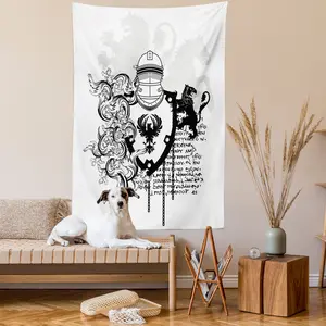 Ambesonne Medieval Tapestry, Heraldic Gear Coat of Medieval Knight with Ornate Pattern the Past Old Times, Wall Hanging for Bedroom Living Room Dorm Decor, 40" X 60", Black White Satin Lightweight