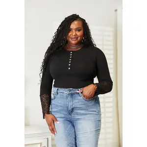 Double Take Crochet Lace Hem Sleeve Button Top Shirts Womenswear