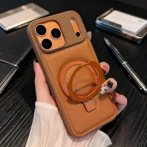 Business Magnetic Bracket Phone Case for iPhone 17 13 14 15 16 Pro Max Plus 17Air Luxury Soft Leather Stand Shockproof Cover