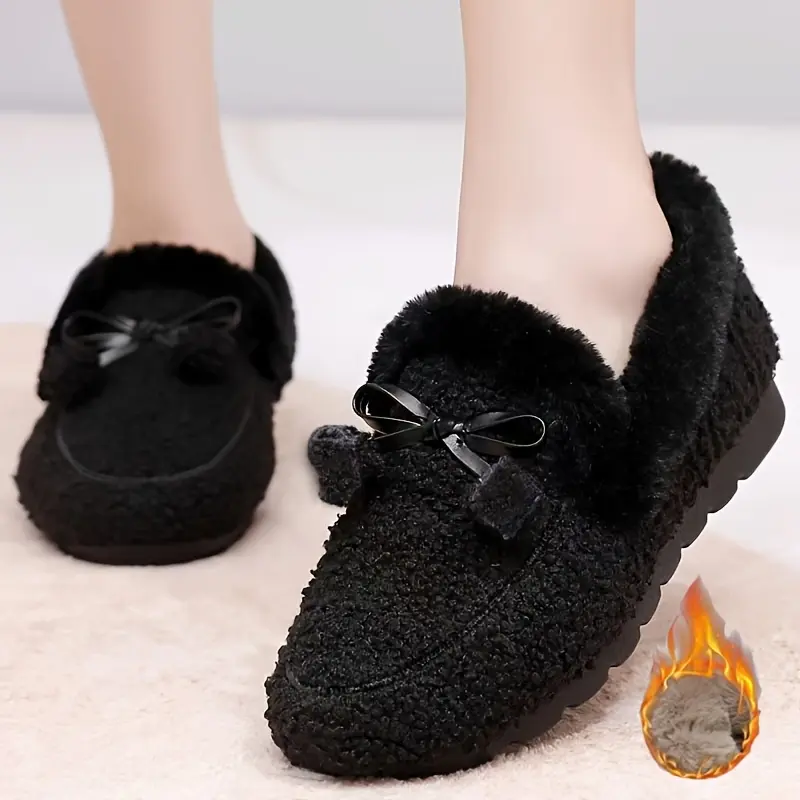 Women's Cozy Winter Plush Slippers with Bow Detail - Black Fuzzy Fabric, Round Toe, PVC Sole, Warm Indoor Footwear, Ladies Slippers Girl Walking Shoes Slide Comfort Flipflop Parent
