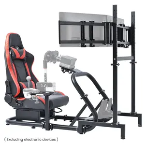 Supllueer 50mm Large Round Tube Racing Sim Cockpit Stand Fit For G29/G923/G920/T248/T300RS GT Steering Wheel Stand With Triple Screen Monitor Stand & Seat No Shifter Pedal Steering Wheel