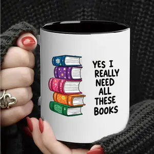 Book collector humorous ceramic mug 11Oz/325Ml-"Yes, I need all these books" introduction, rainbow stacked design, very suitable for coffee and tea, ideal desk decoration gift for book lovers.