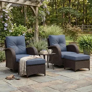 LayinSun 5 Pieces Patio Outdoor Conversation Set, Wicker Furniture Set with Swivel Chairs and Ottomans 4-Seat