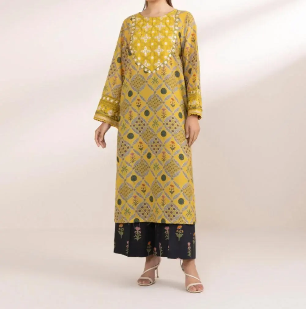 Women's Loose-Fitting 2-Piece Fabric Set with Embroidery, Yellow Geometric Print Long Sleeve Cotton Tunic and Wide-Leg Cambric Culottes, Elegance, Style, Sleeves, Everyday, Shirt, Breathable, Printed, Baggy, Casual, Comfortable, Embroidered, Outfits, Wome