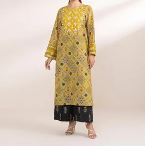 Sapphire Yellow Printed Fancy Cotton Shirt with Embroidered Front & Cambric Culottes – 2 Piece