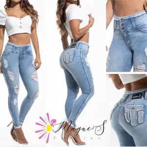 J153-90714-100% Colombian Jean - Blue Denim with Distressed and Flap Pockets, Ideal for Women's Bottoms - Womenswear