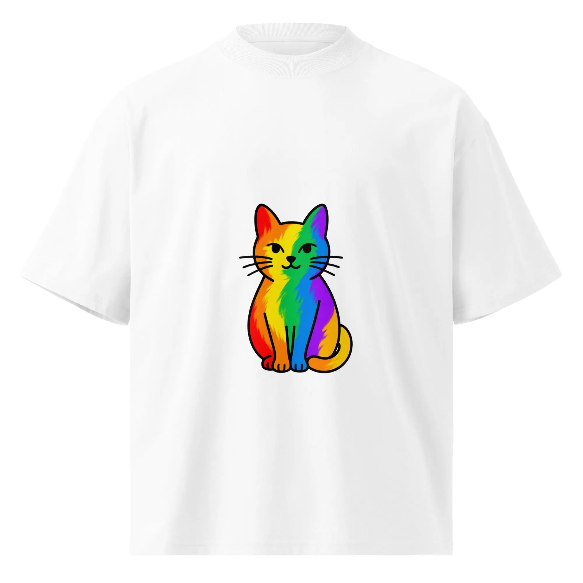 Women's Organic Cotton Rainbow Cat Graphic Short-Sleeve T-Shirt Top - High Neck, Loose-Fitting Oversized Cut, Unisex Sizing, Bright Expressive Casual Streetwear for Everyday Wear, Comfortable Tee for Gifting Moments