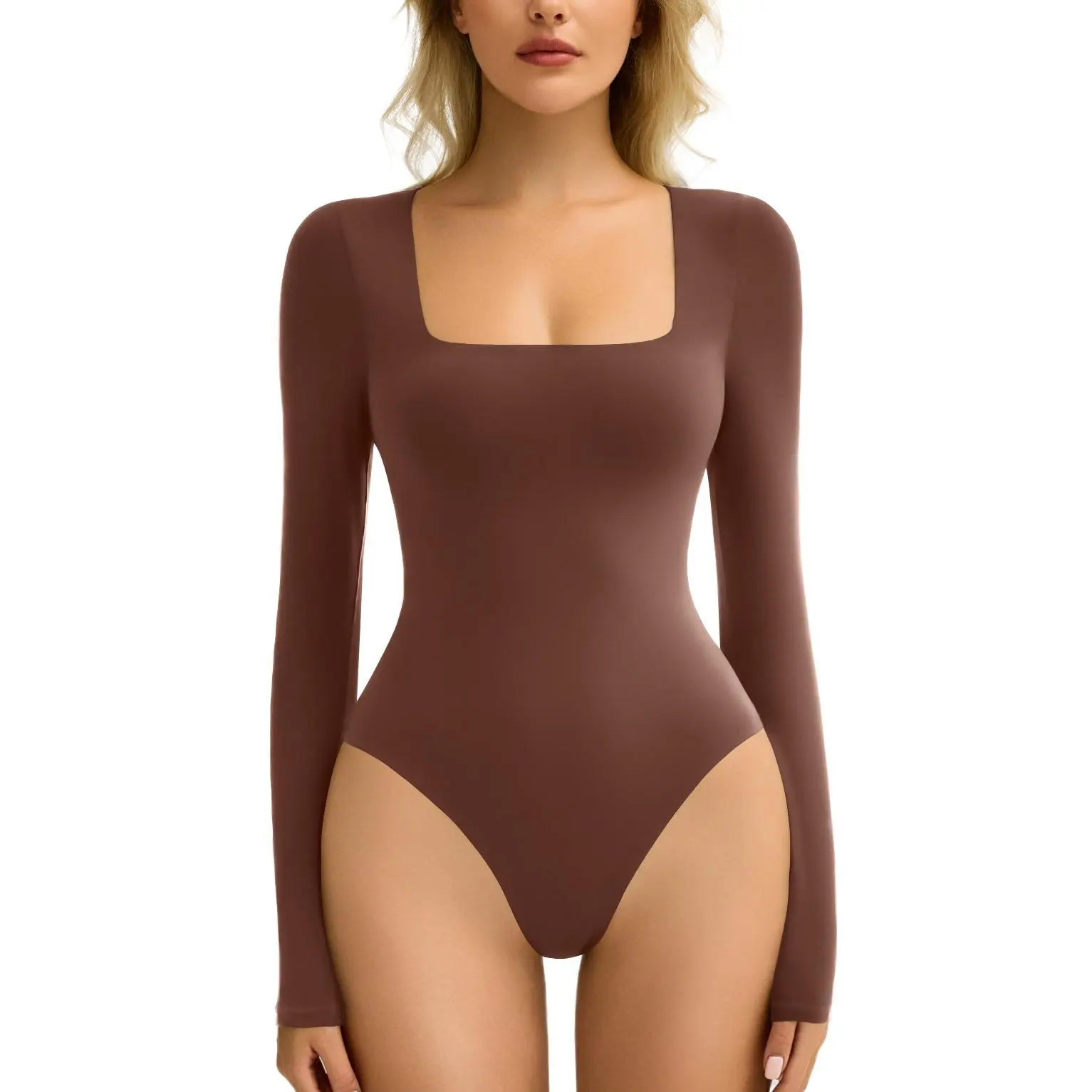 Women's Long Sleeve Bodysuit Double Lined Square Neck Body Suit Tops Snap Closure Soft Women's Long Sleeve Bodysuit Double Lined Square Neck Body Suit Tops Snap Closure Soft