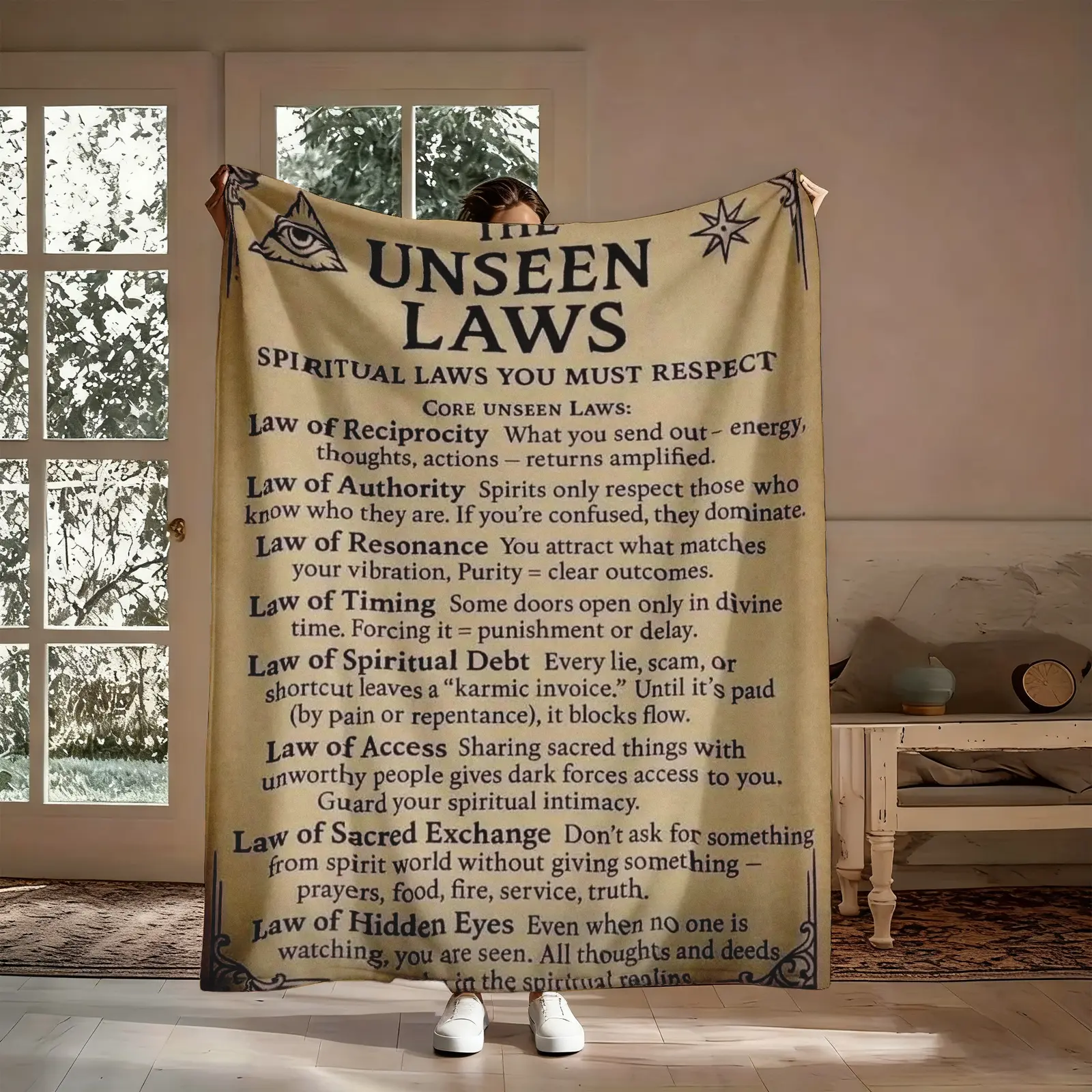 Spiritual Laws Vintage Occult Flannel Warm Throw - 1 Count Wrinkle Resistant Compact Square Soft Esoteric Statement Piece, Cozy Home Nap Accessory, Mystical Wall Decor, Gift for Witchy Friends, Camping Barrier Blanket