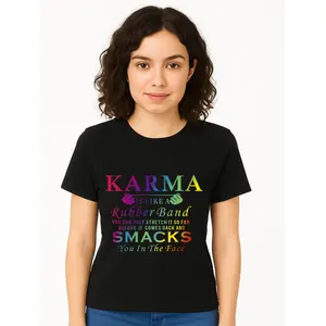 Karma Rubber Band T-Shirt Black Casual Wear Personalized Unisex Women's Top All Seasons Comfortable Breathable Short Sleeve Tee Suitable For Any Outfit Made In Usa