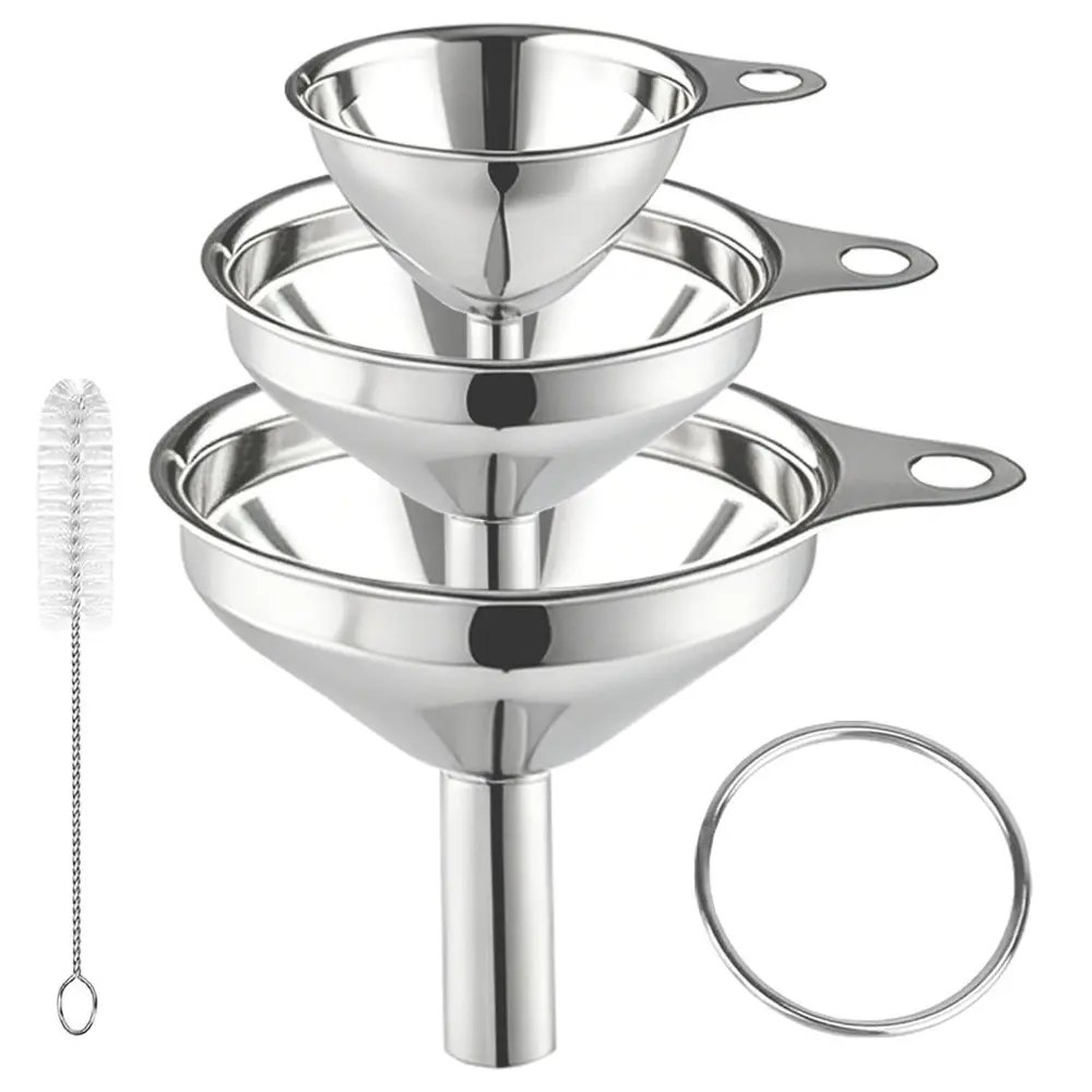Funnels for Kitchen Use Filling Bottles, Stainless Steel Funnel Set of 3 | Food Grade Medium Small Mini Funnel for Transferring Oils, Liquid, Powder, Food, Durable Metal Set with a Brush