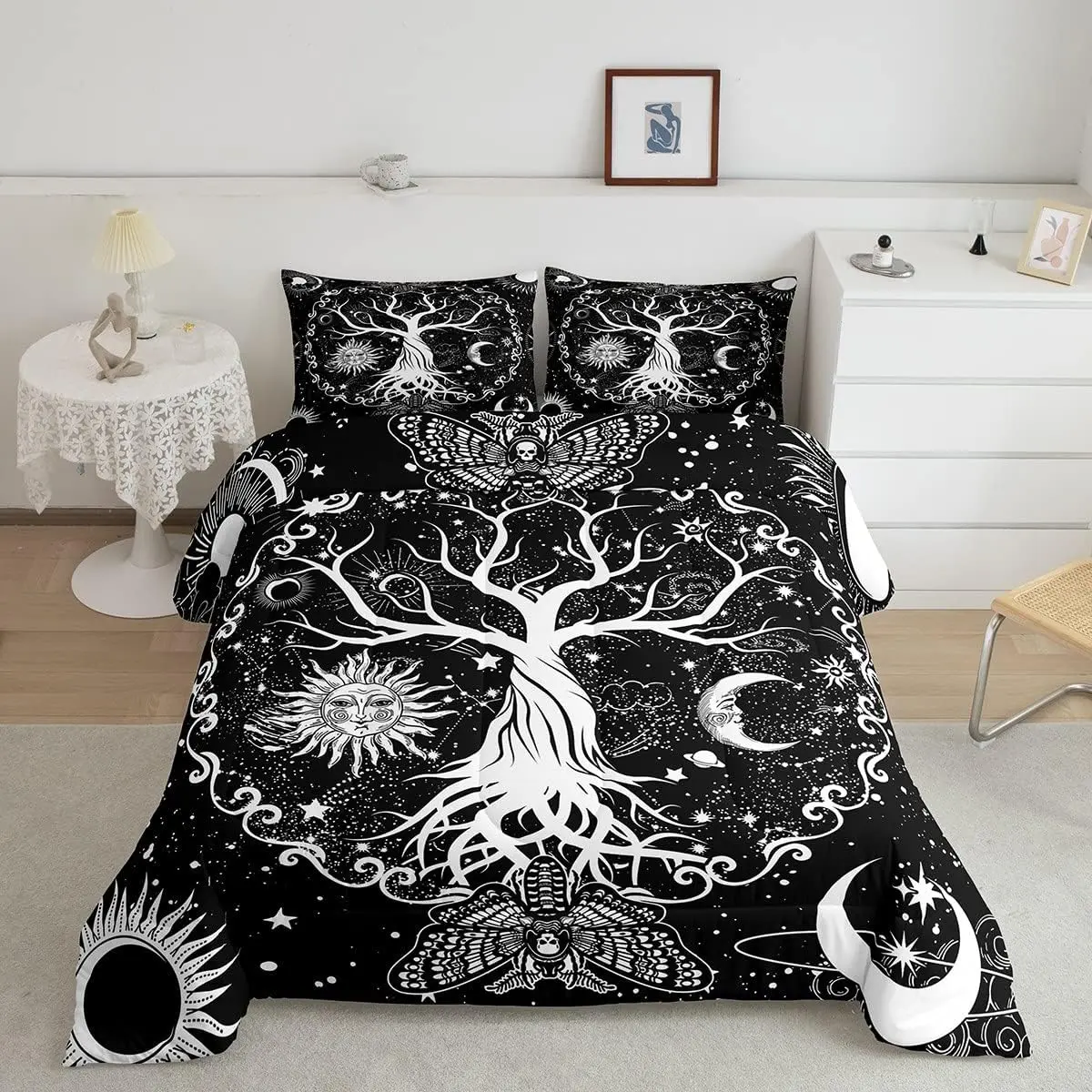 Feelyou Microfiber Quilted Queen Comforter Set - Boho Breathable Duvet Set, Tree of Life Hippie Gothic Moth Sun and Moon Psychedelic Galaxy Trippy Stars Decorative Bedding for Bedroom, Boho Bed Set