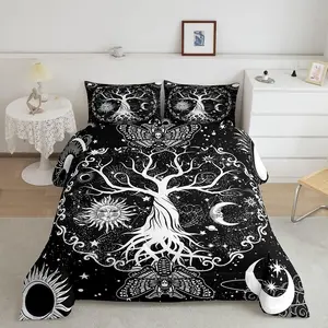 Tree of Life Comforter Set,Hippie Gothic Moth Bedding Comforter Sets,Sun and Moon Comforter,Psychedelic Galaxy Trippy Stars Quilted Comforter