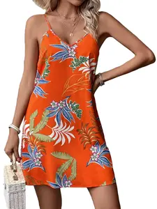 Women's Floral & Leaf Print Backless Cami Dress, Elegant Casual V Neck Adjustable Strap Short Dress for Beach Holiday Vacation, Ladies Summer Clothes