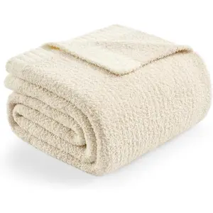 Buttery Ivory Throw Blanket for Couch, Reversible Super Soft Knitted Blankets, Warm Cozy Knit Fuzzy Plush Lightweight Throws for Sofa, Bed, Picnic, Ivory, 50 x 60 inches