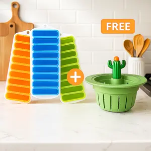 3 Pack Silicone Slim Ice Stick Trays with  Free Plastic Cactus Sink Strainer, Easy Release Ice Cube Maker for Water Bottles and Drinks, Must Have Kitchen Gadget with Stopper