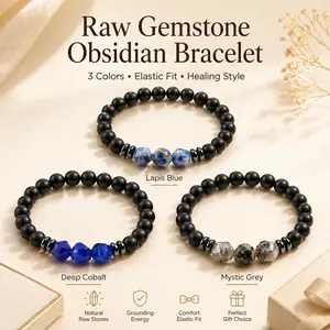 Matte Obsidian Raw Gemstone Bracelet, Lapis Blue / Deep Cobalt / Mystic Grey Crystal Accent Beads, Unisex Elastic Energy Bracelet for Protection Vibes, Inner Balance, Daily Stacking Jewelry & Gift