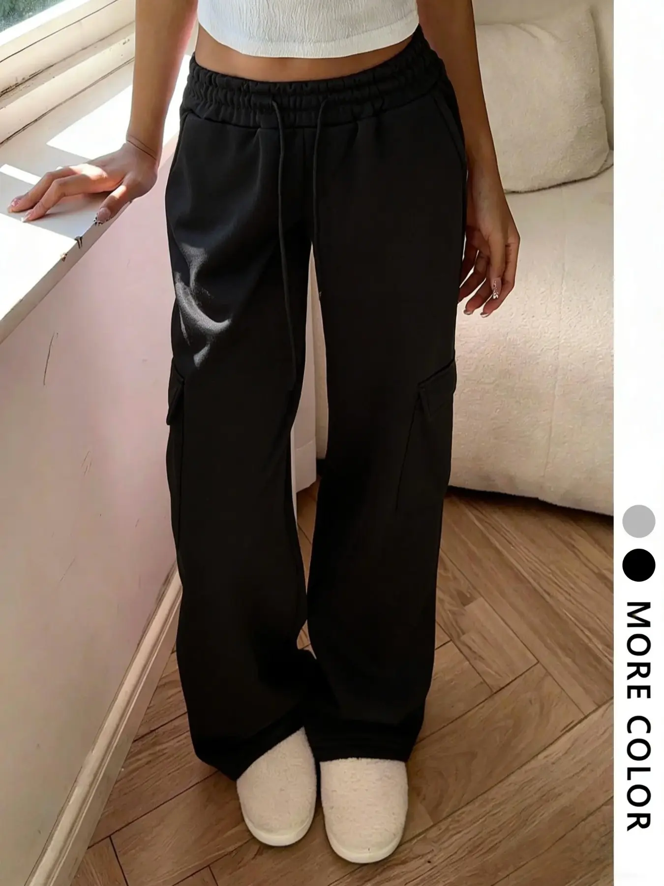 Women's Oversized Wide-Leg Cargo Sweatpants – Elastic Adjustable Drawstring High Rise Waist, Functional Side Pockets, Multiple Solid Colors (Black/Gray) for Casual Daily/Streetwear