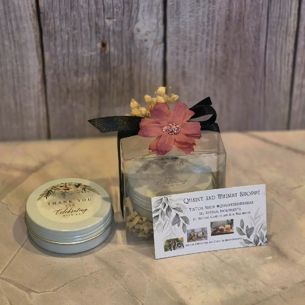 Quaint & Whimsy Shoppe White Soy Wax Candle with Dry Flowers in White Tin Can Infused with Coconut Oil Aromatherapy Gift Light Aroma Decor Ornaments