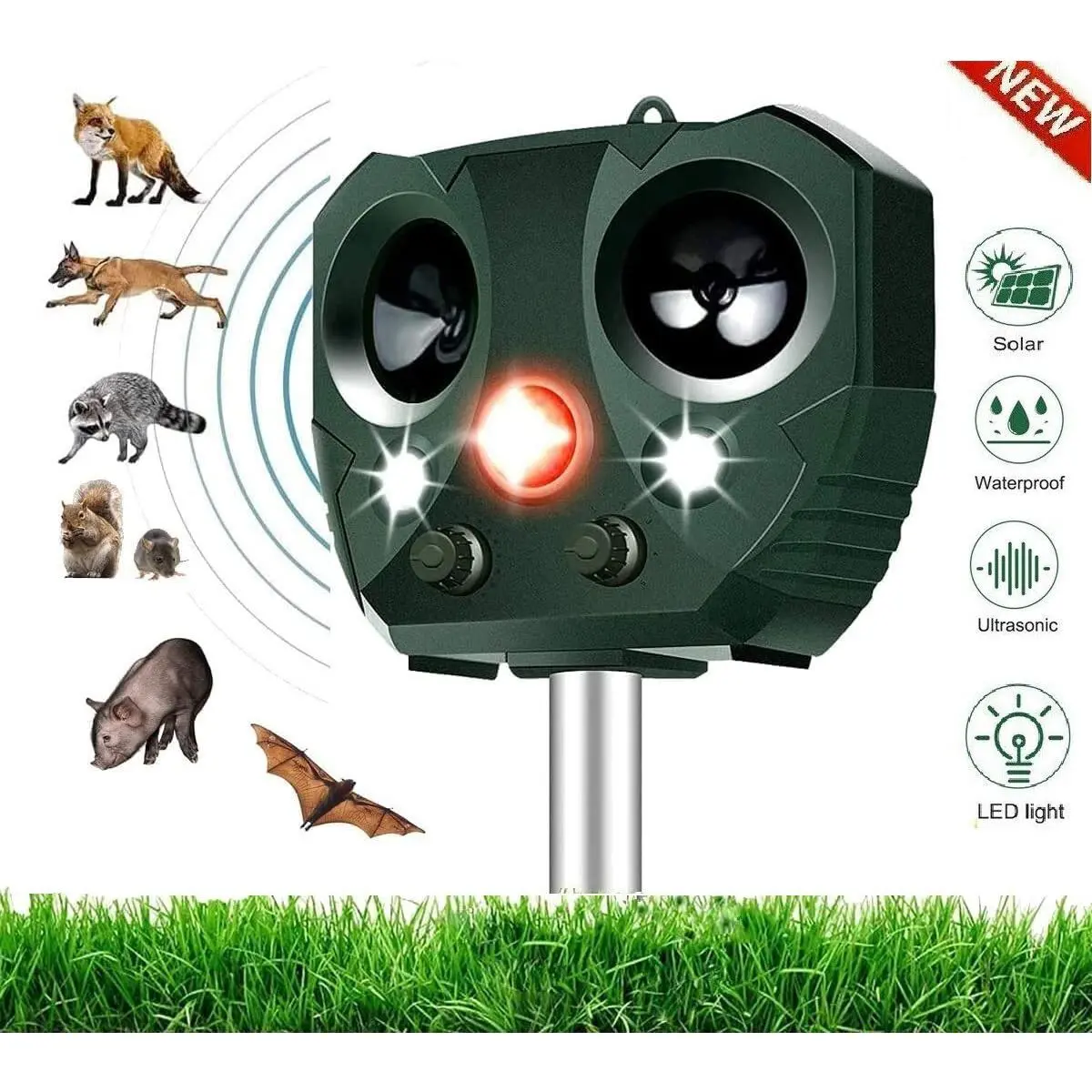 Motion Sensing Ultrasonic Animal Repellent, Solar Powered Outdoor Defender, Harmless Wildlife Deterrent, Keep Unwanted Animals Away From Vegetable Gardens and Backyards