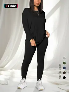 Women's Solid Drop Shoulder Tee & Elastic Waist Skinny Pants Two-piece Set, Basic Casual Fashion Cozy Round Neck Long Sleeve T-shirt & Trousers for Daily Outdoor Wear, Women's Clothing for Spring & Fall