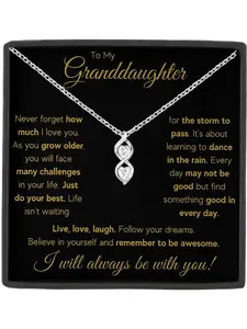 To My Granddaughter Double Heart Zircon Pendant Heart Shaped Necklace for Granddaughter, Card and Gift Box Included, Birthday and Christmas Gift, Stainless Steel Chain