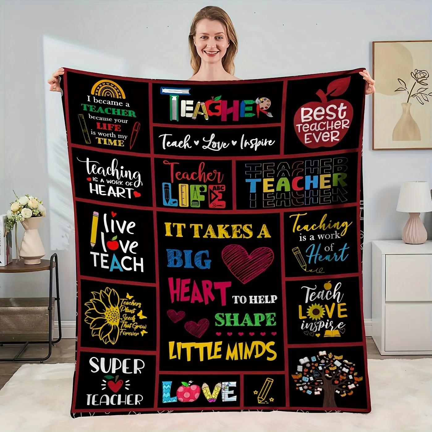 Soft Linen Teacher Appreciation Blanket - Charming Print, Machine Washable, All-Season Comfort, Stain-Resistant, Versatile Use