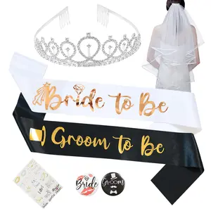 Bride to be,Bridal Shower Decorations,Bridal Shower Favors,Sash,Tiara,Veil,Tattoos,Badges 7 Pack Kit for Bachelorette and Wedding Party Supplies,Bride and Groom to be sash,Gifts for Bride.