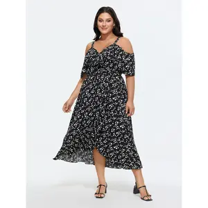 BLOOMCHIC Plus Size Ditsy Floral Pocket Wrap Cold Shoulder Ruffle Dress [M–6X], 2026 Summer Vibes